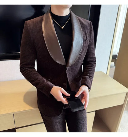 British Style PU Patchwork Suit for Men Casual Business Wedding Suits 2 Pieces Set (jacket+pant) Office Work Party Prom Suit