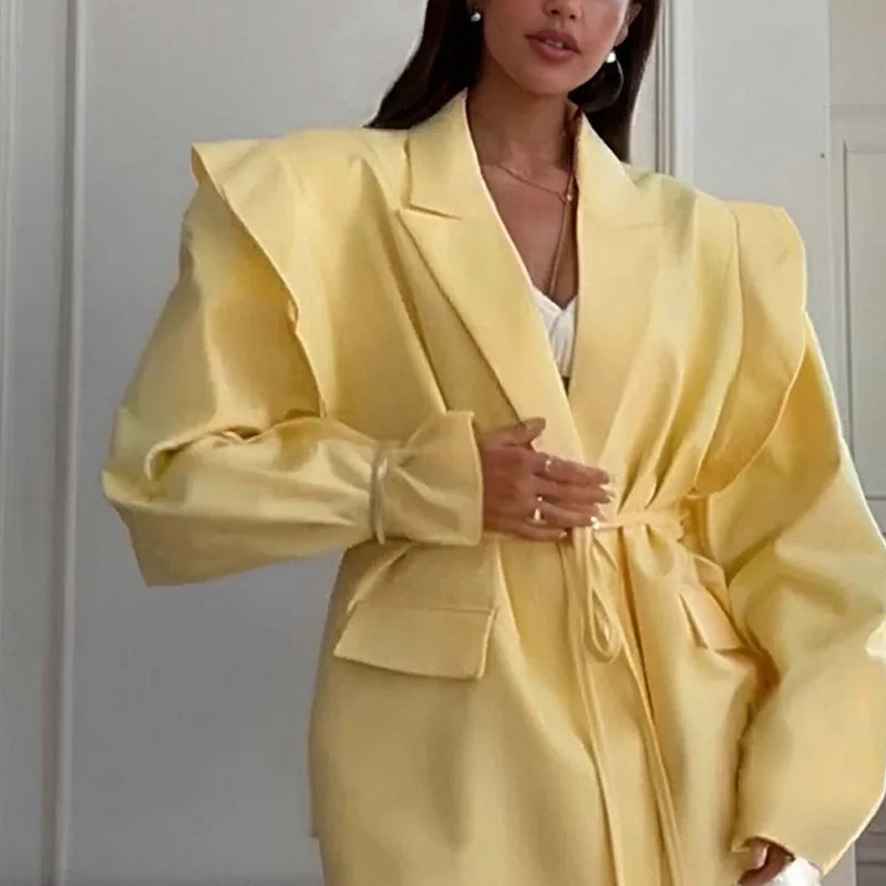 Spring Autumn Fashion Women's Pure Color Belted Shoulder Pad Suit Coat Commute Style Loose Fit Long Sleeve Regular Length