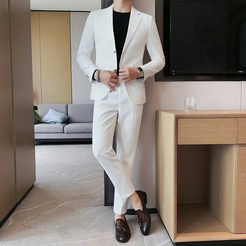2025 New Waffle Blazers +Pant 2 Piece Set Men Fashion Business Slim Fit Solid Tuxedo Groom Wedding Prom Wear Casual Men's Sets