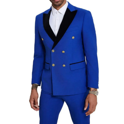 Men Suit 2 Pieces Royal Blue With Black Lapel Double Button For Wedding Business Banquet Party Office Daily Work Jacket And Pant
