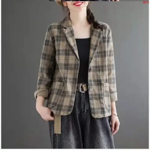 Fashion Chic Cotton Plaid Blazer Female Spring and Autumn New Literary Retro Elegant Commuter Small Incense Wind Jacket Women