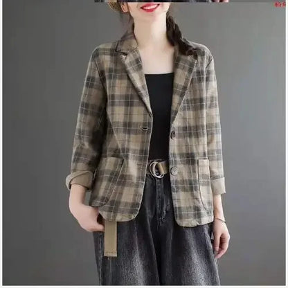 Fashion Chic Cotton Plaid Blazer Female Spring and Autumn New Literary Retro Elegant Commuter Small Incense Wind Jacket Women