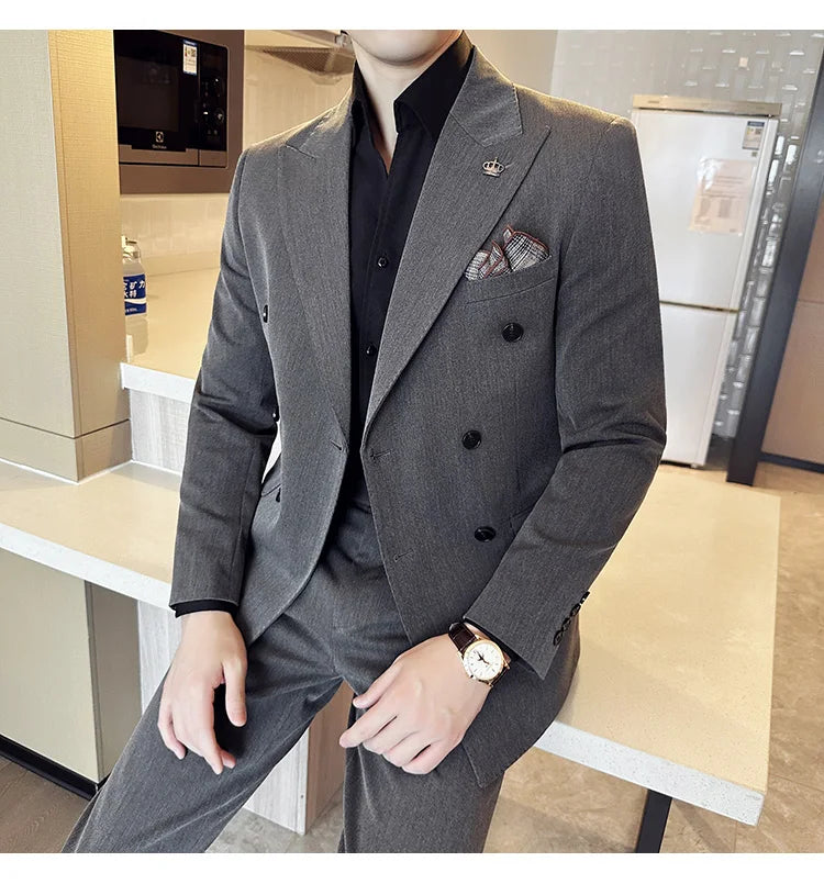 (Blazer + Trousers) Fashion Double Breasted Design Slim Men's Suit Italian Style Luxury Wedding Social Party Tuxedo 2 Piece Set