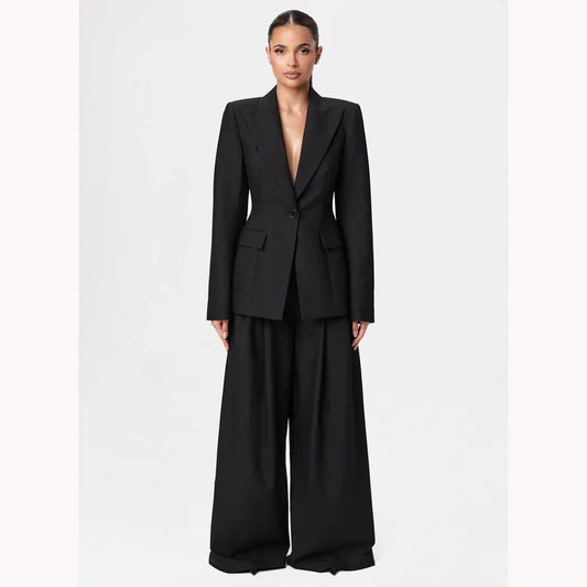 Black Women Suit Single-grain Buckle Peaked Lapel Two Pieces(Jacket+Pants) For Formal Occasions Business Office Lady Set Custom