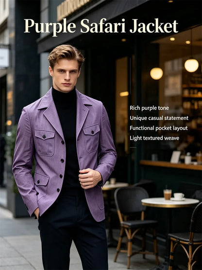 Men's Linen Safari Blazer Four Flap Pockets Slim Soft Jacket Casual Business Coat For Street Outdoor Vacation Party Daily Travel
