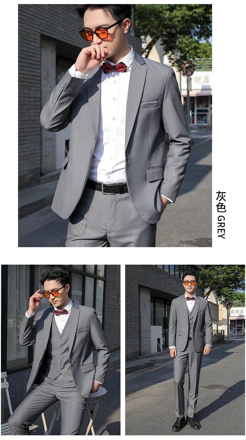 Men's Formal 3-Piece Suit Blazer Vest Trousers Single Breasted Solid Color Wedding Business Wear