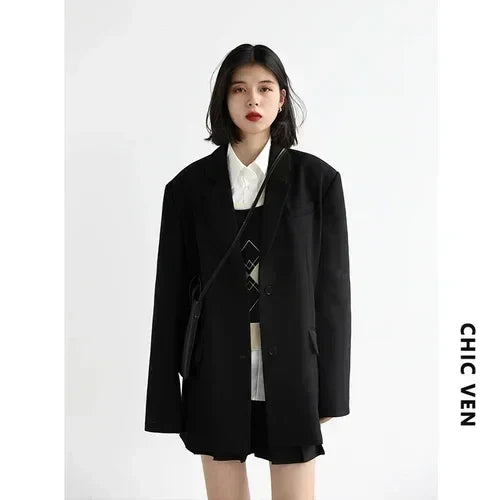Women Office Lady Blazer Cuff Embroidery Wide Shoulder Twill Suit Women's Autumn Ladies Outerwear  Stylish Tops
