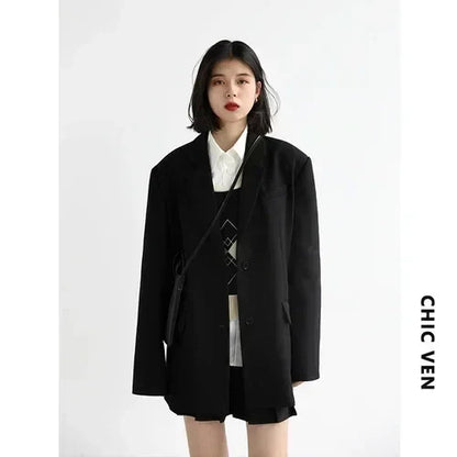 Women Office Lady Blazer Cuff Embroidery Wide Shoulder Twill Suit Women's Autumn Ladies Outerwear  Stylish Tops