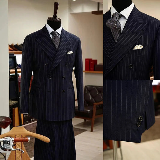 New Pinstripe Men's Suit 2 Pieces Blazer Jacket and Pants Custom Made Business Wear Wedding Groom Costume Homme