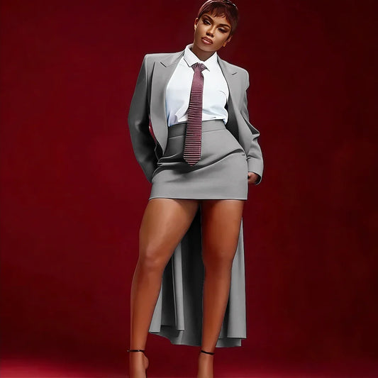 Women's Burgundy Long Jacket+Mini Skirt Matching Set Elegant 2 Piece Suit Luxury Overcoat for Formal Evening Party