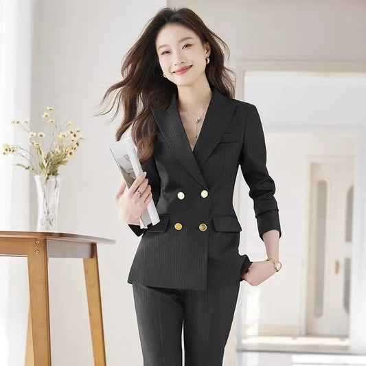 2025 Office Double Breasted Suits Sets Women Korean New Long Sleeve Blazer Jackets Conjunto Ol High Waist Straight Pants Outfit
