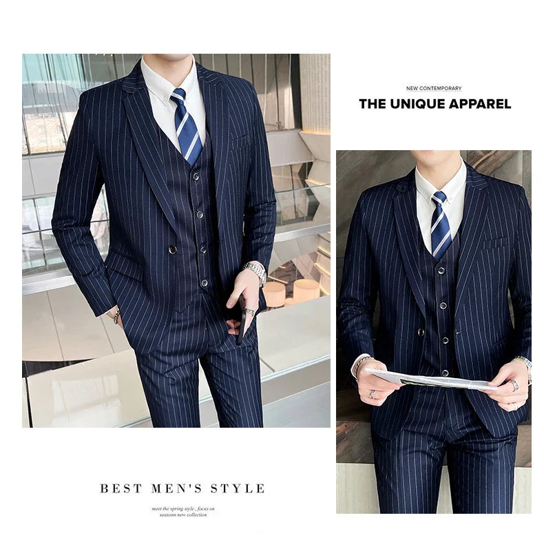 2024 Slim Fit Striped Three-Piece Business Suit Vest Trousers Set Korean Fashion Trend Handsome Wedding Outfit