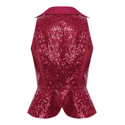 Women Shiny Sequin Vest Lapel Sleeveless Glitter Suits Waistcoat Top Rave Music Festival Jazz Dance Party Banquet Night Clubwear