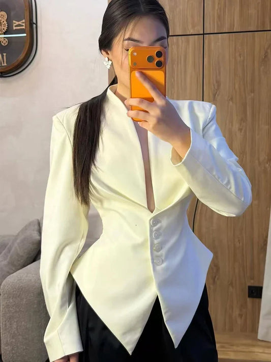 Woman High Street Commuter Jacket Fashion Long Sleeves Waist Coat Women Back Bow Decorative Slim Button Solid Spring Blazer
