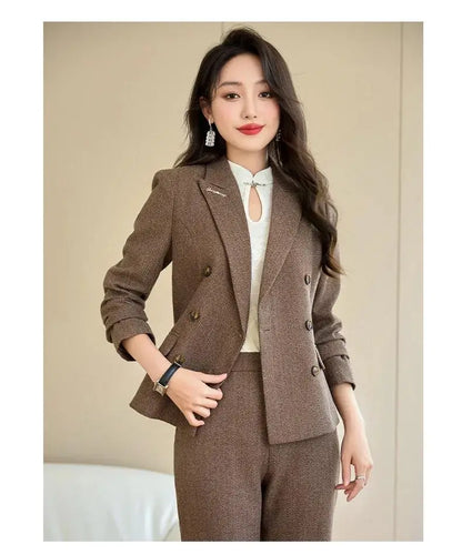 Elegant Lady Wide Leg Pant Sets for Women 2 Pieces Blazer Suit Double Breasted Jacket Trousers Outfit Female Autumn Winter