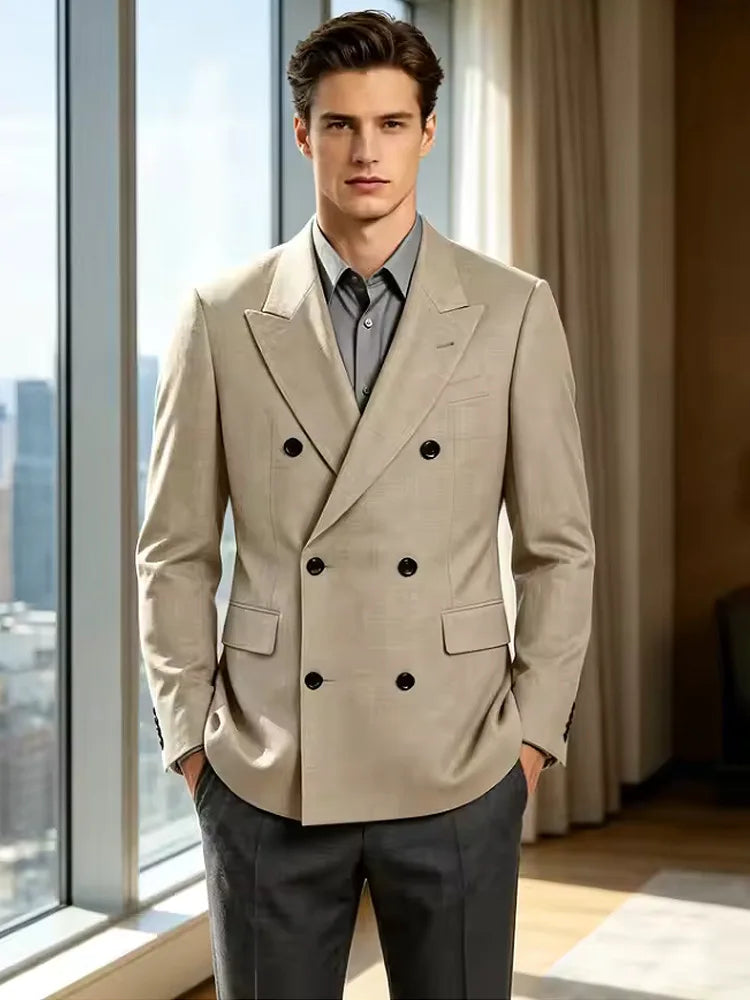 Men's Business Casual Linen Formal Suit Slim-fit Double-breasted Wedding Groom's Dress Party Daily Commuting