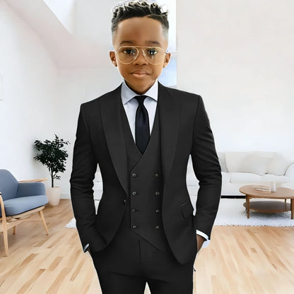 Dark Green boy's suit 3-piece jacket vest pants Peaked lapel slim fit attire for wedding prom dinner party custom kids tuxedo