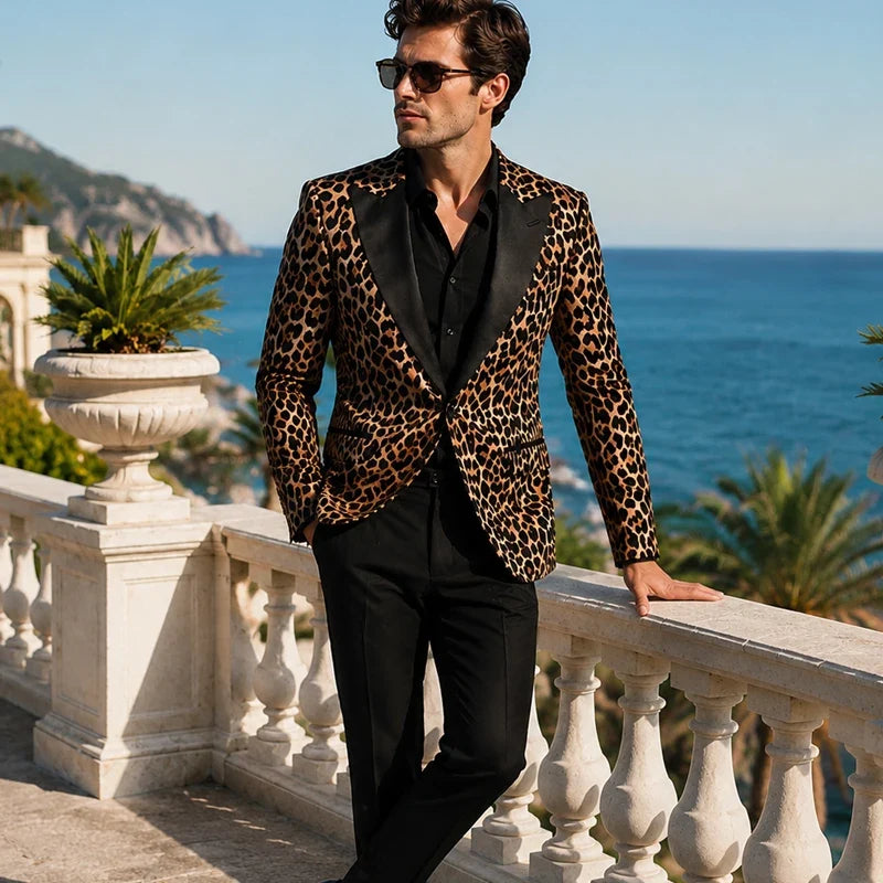 Men's Slim Fit Blazer Leopard Print Satin Lapel Single Button Jacket for Wedding Party