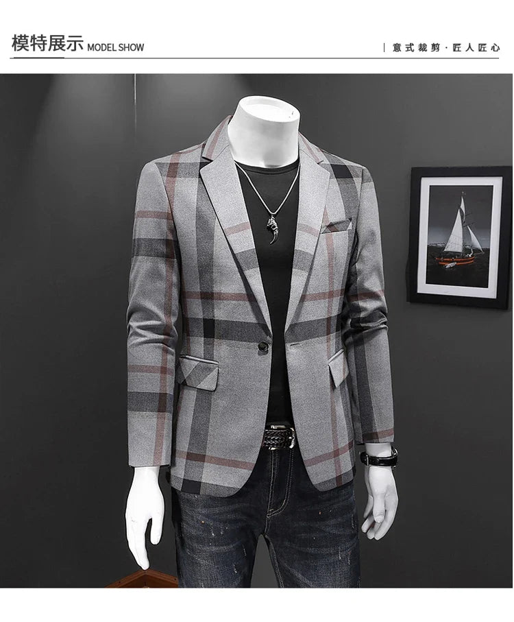 Top Quality Luxury Plaid Business Slim Fit Men Blazer Jacket 2024 Spring Autumn Casual Blazers For Men Elegant Dress Suit Jacket