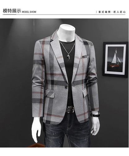 Top Quality Luxury Plaid Business Slim Fit Men Blazer Jacket 2024 Spring Autumn Casual Blazers For Men Elegant Dress Suit Jacket