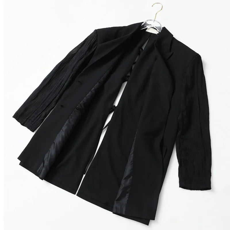Women Chic Blazer Pleated Long Sleeves Single Breasted Notched Collar Back Lace-up Elegant Ins Coat New Spring 2026 HK19456