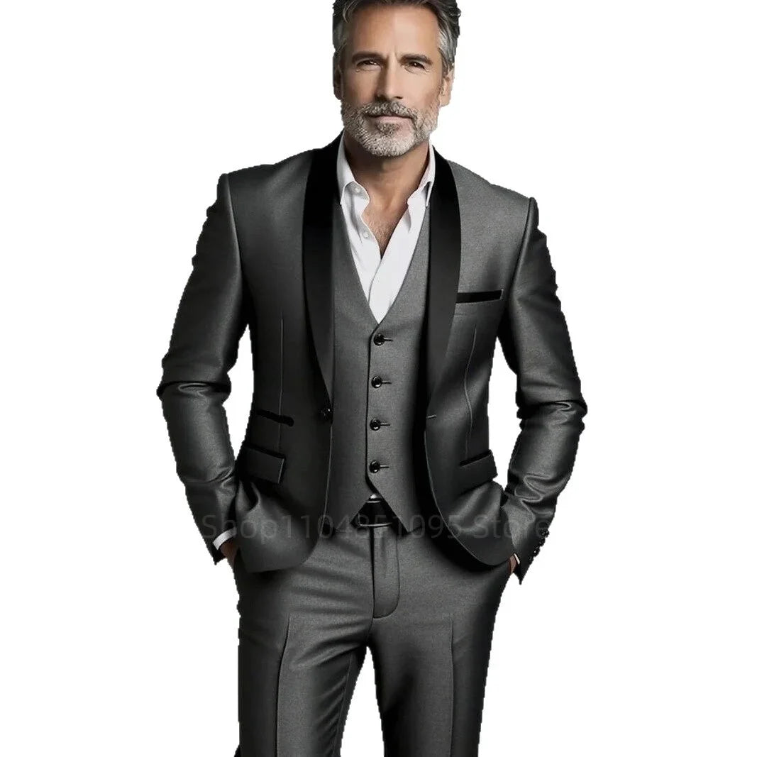 Classic Style 3 Piece Slim Fit Green Men Suit Groom Tuxedos Shawl Lapel Single Breasted Blazer Vest Pants Set Party Men Clothing