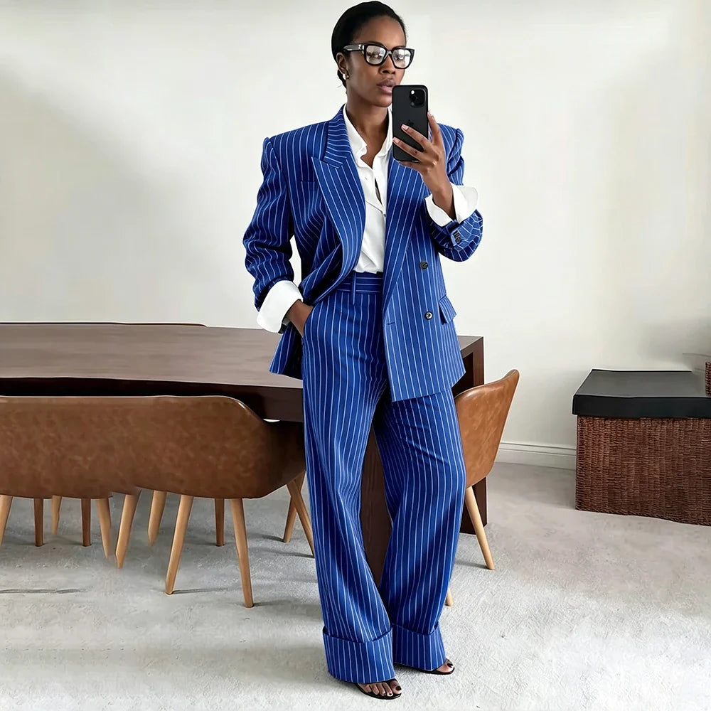 Neutral Gray Pinstripe Oversized Matching Sets Double Breasted Women's Suit Casual Formal 2-Piece(Jacket+Pants) Office Set