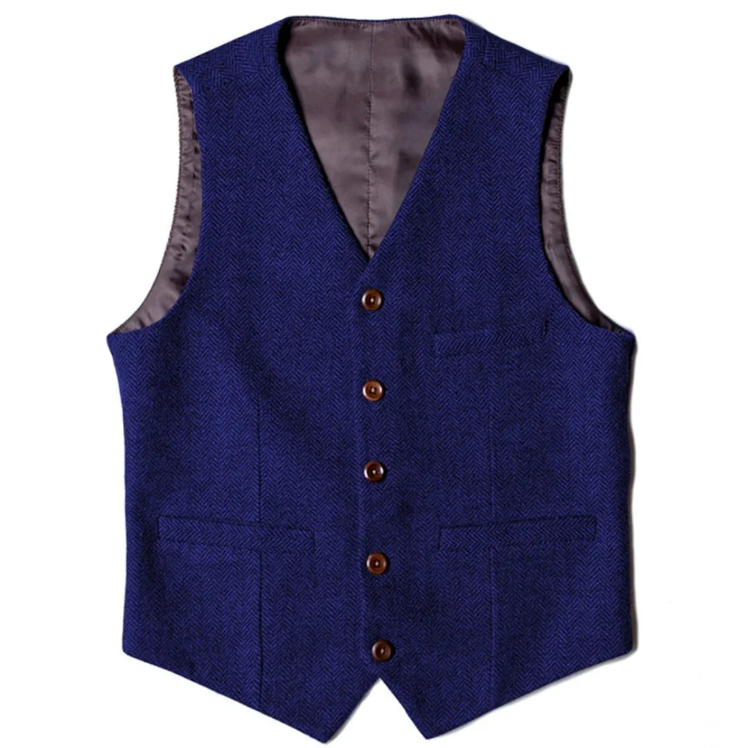 Men's Herringbone Vest Single Button V-Neck Waistcoat for Wedding & Business