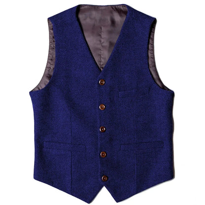 Men's Herringbone Vest Single Button V-Neck Waistcoat for Wedding & Business