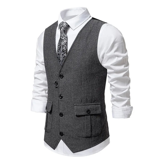 Men's Herringbone Vest Slim Fit Single Breasted Patchwork Waistcoat for Casual and Smart Occasions