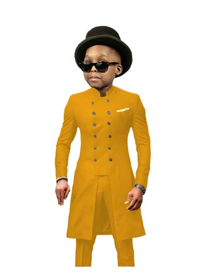 African Stand Collar Kids Long Suit Set 2 Pieces Wedding Guest Outfit Double Breasted Boys Formal Tuxedo Birthday Party Wear