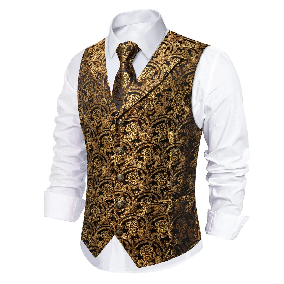 Men's Paisley Waistcoat Vest with Tie Hanky Cufflinks Set for Wedding and Banquet