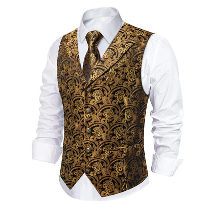 Men's Paisley Waistcoat Vest with Tie Hanky Cufflinks Set for Wedding and Banquet
