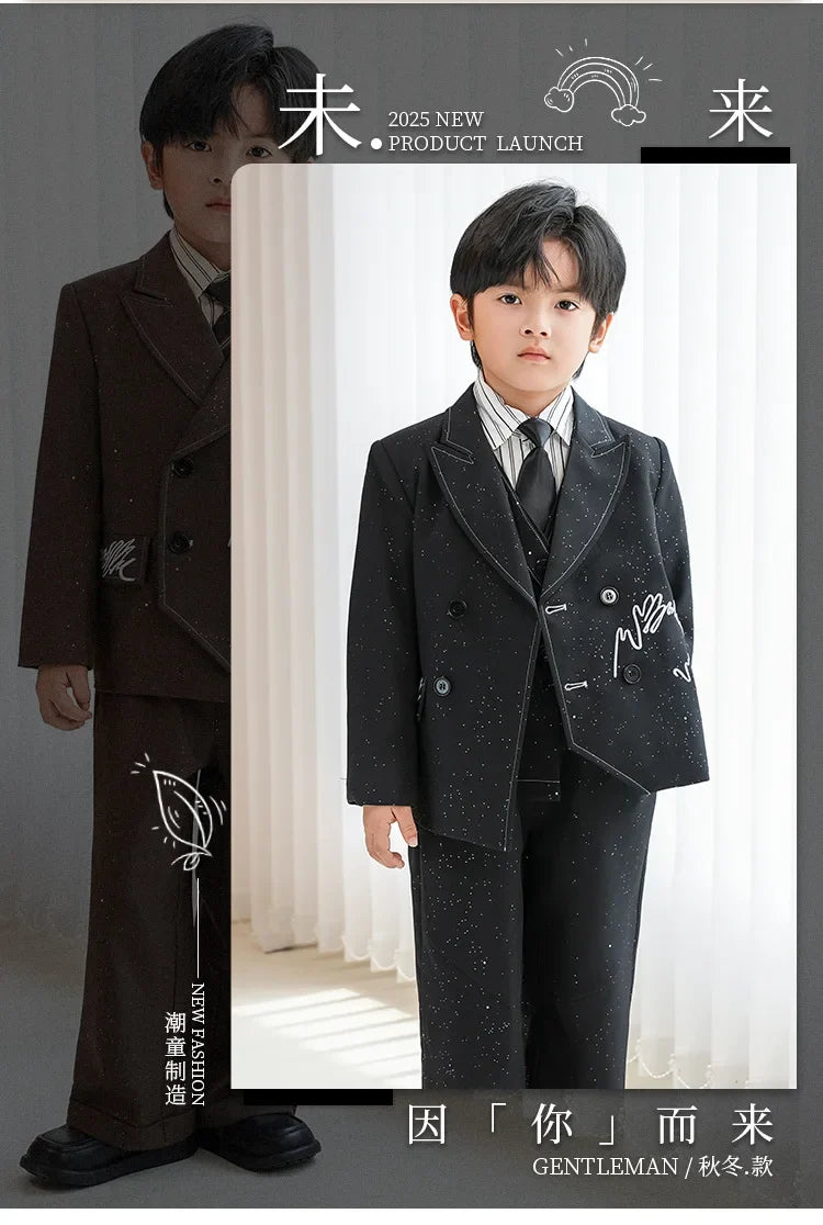Boys Solid Double Breasted Blazer Jack Vest Pants Children Suit Waistcoat Wedding Clothes Sets Toddler Formal Dress Kids Tuxedos