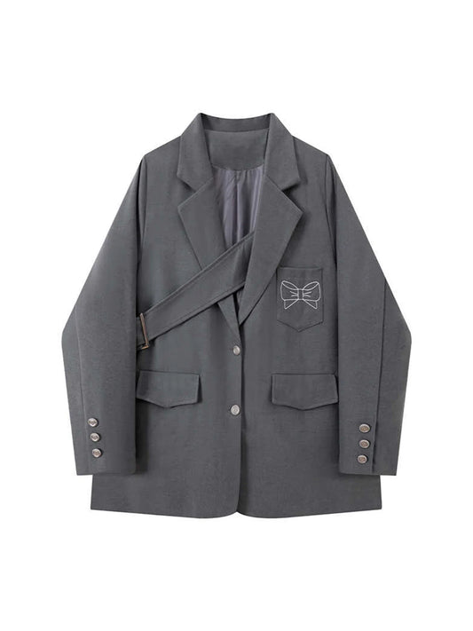 Women Grey Blazer Coat Fashion Vintage Streetwear Harajuku Loose Long Sleeve Bow Embroidery Suit Jacket Outerwear Clothes Autumn