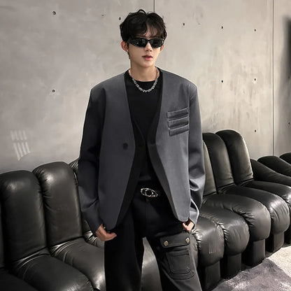 Color Contrast Fake Two Piece Design Handsome Korean Blazer Jacket Men Stylish Elegant V Neck Casual Male Clothes JY5226