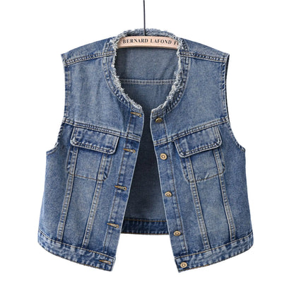 Women Denim Vest Coat Rough O Neck Vintage Short Sleeveless Jacket Female Cowboy Waistcoat Casual Tops Chaleco Mujer Outerwear