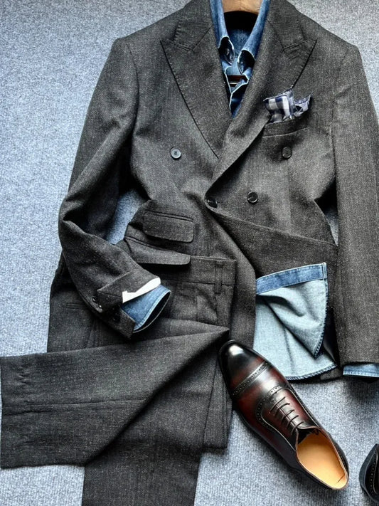 Men's Suit Two-Piece Set Double-Breasted Slim Fit Smart Casual Blazer and Pants