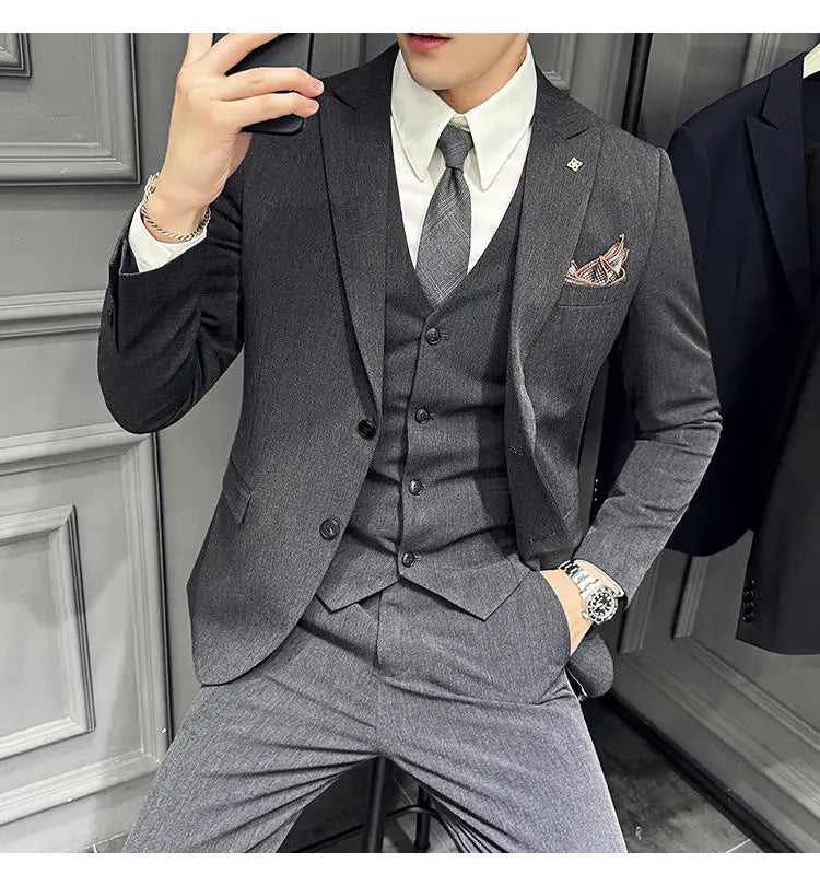 Men's 3 Piece Suit Set Double‑Button Slim Fit Solid Color Business Casual Wedding Party Jacket Vest Pants Formal Outfit for Men