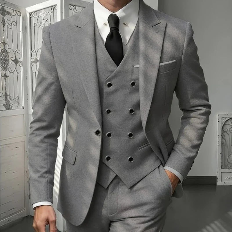 Men's Classic 3-Piece Suit Set - Slim Fit Notched Lapel Blazer with Vest & Pants, Versatile Formal Outfit for Business & Events