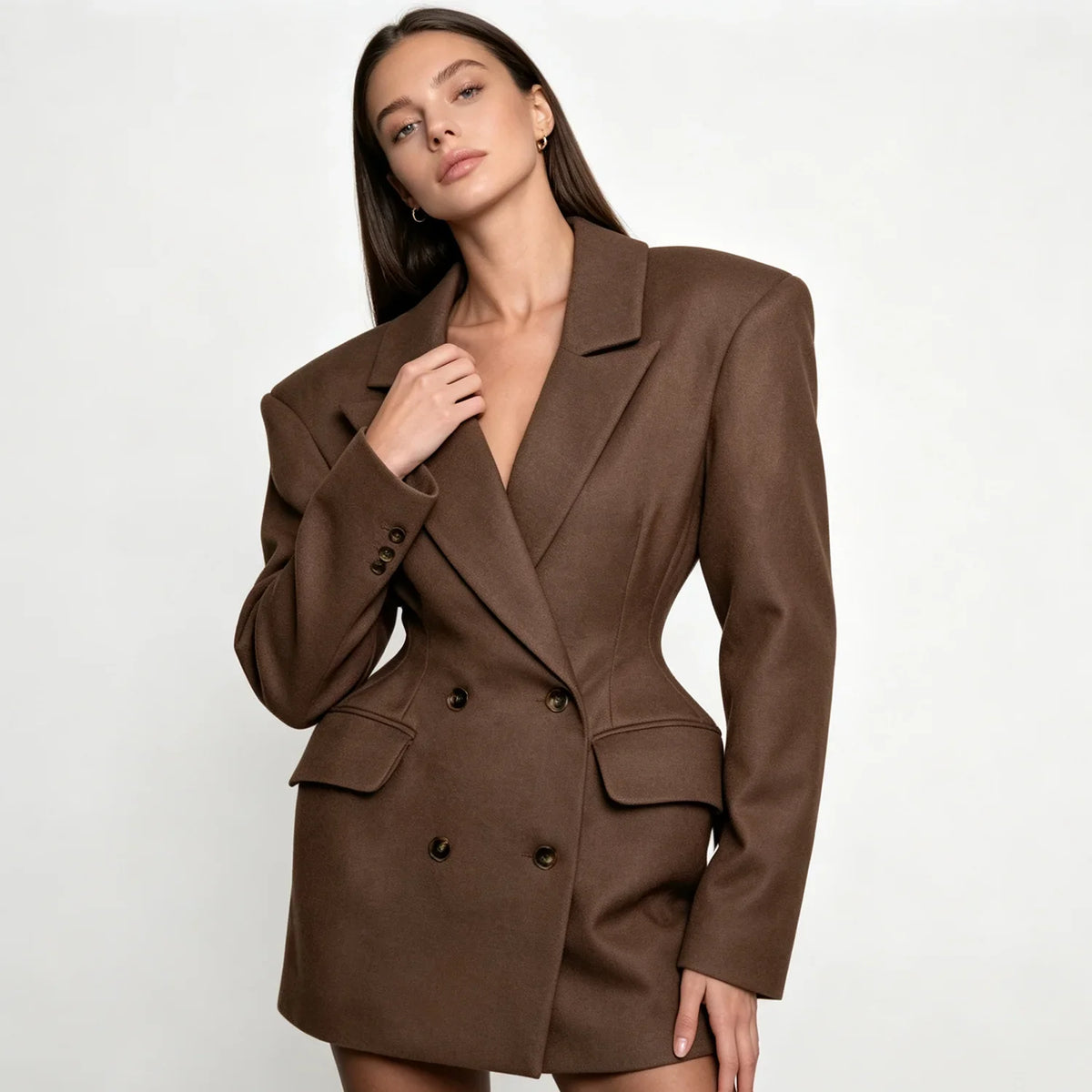 2026 Women Blazer Dress, Padded Shoulder Double-Breasted Tailored Waist Design, for Parties Office Dating Events