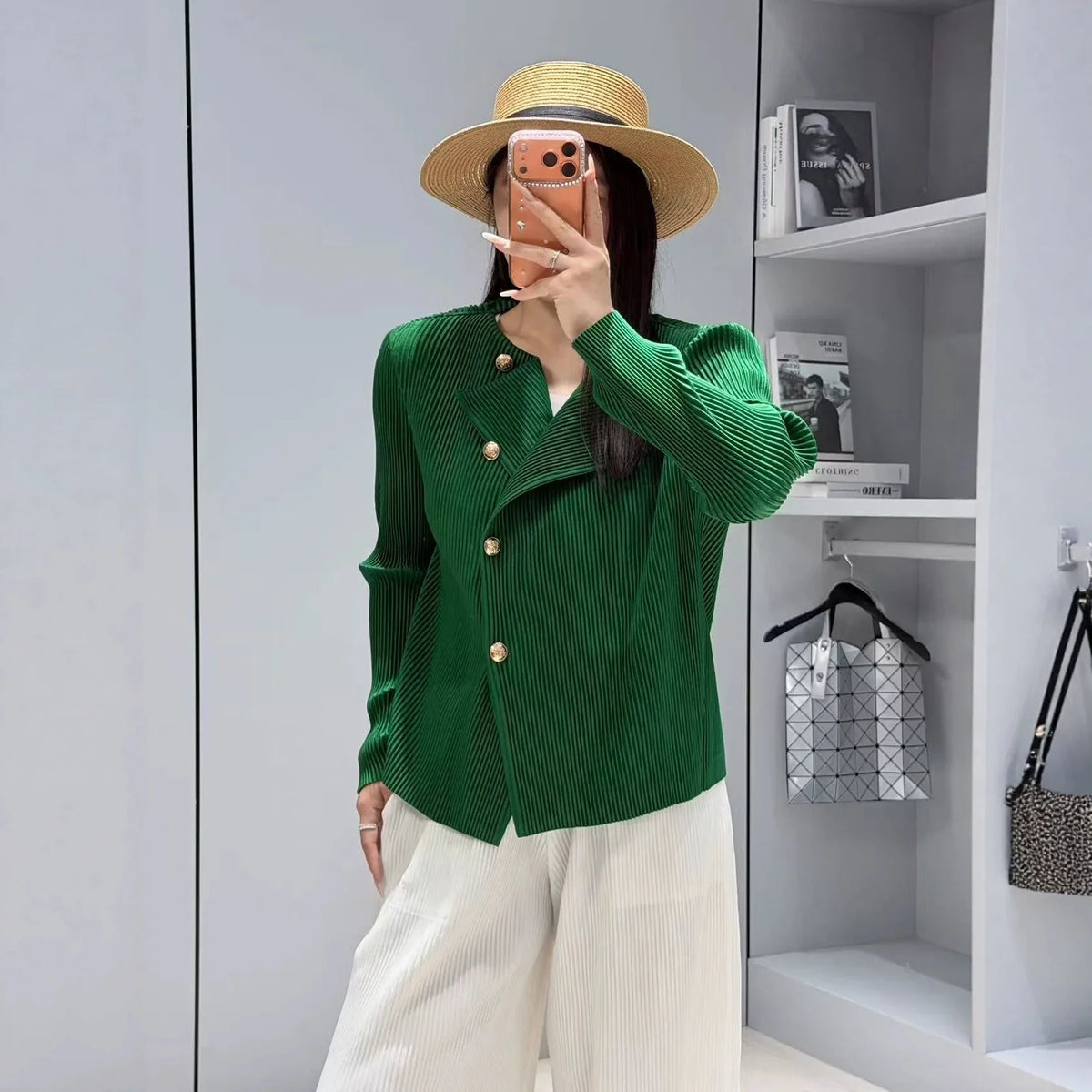 Style Pleated Blazer  in Spring and Autumn Irregular Design Large Lapel Cardigan Temperament Versatile Pleated Top