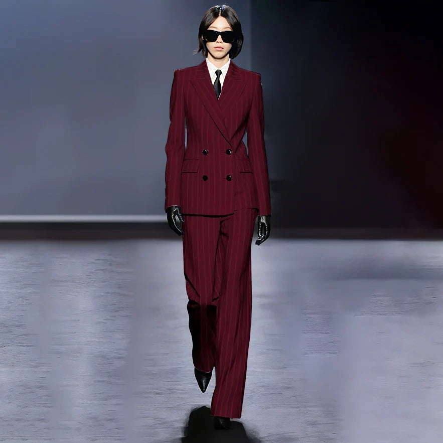 Dark Blue Stripes Women Suit Customized Double-breasted Peak Lapel Two Pieces(Jacket+Pants) Business Office Lady Competent Set