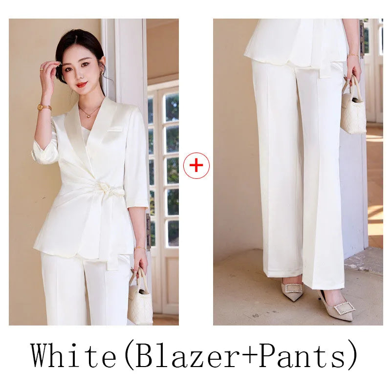 Designer Splicing Women Senior Luxurious Blazer Suit Pants Set Soft Satin Silk Office Lady Solid Coat Big Size Elegant Jacket