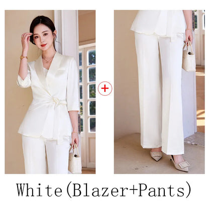 Designer Splicing Women Senior Luxurious Blazer Suit Pants Set Soft Satin Silk Office Lady Solid Coat Big Size Elegant Jacket