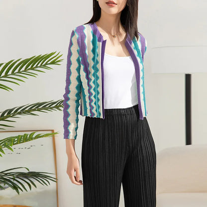 Miyake Style Coat Women Spring Autumn Fashion Top 2023 Pleated Contrast Color Cardigan Short Temperament Small Size All-Matching