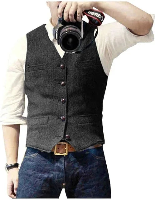 Men's Waistcoat Herringbone Wool Blend V-Neck Single Breasted Vest for Weddings and Smart Casual