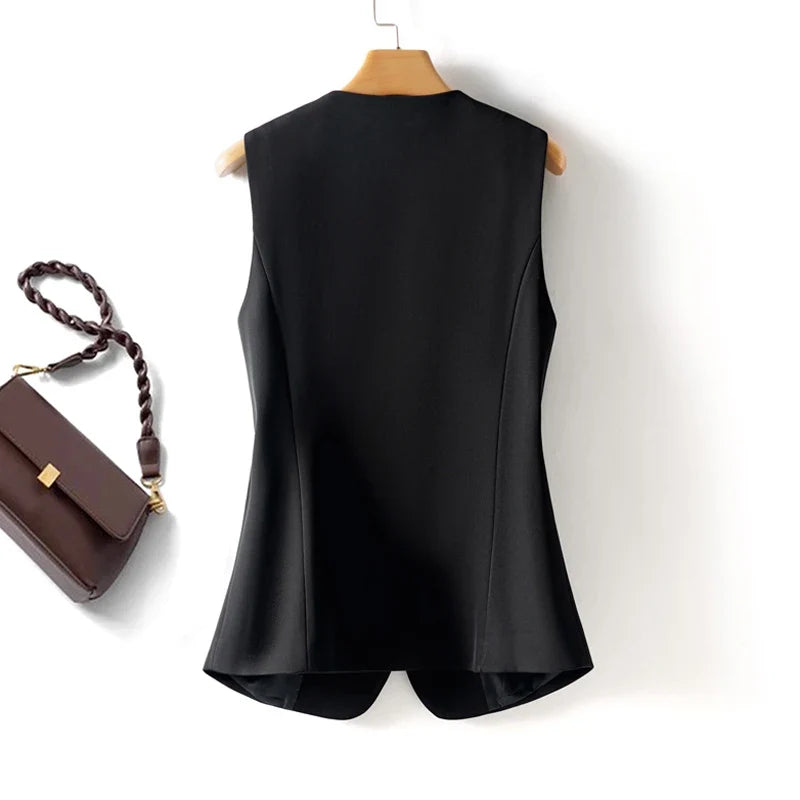 Black Round Neck Single-Breasted Fashion Vest for Women, Spring & Fall Fashionable Slim Sleeveless Suit Vest Top for Outer Wear