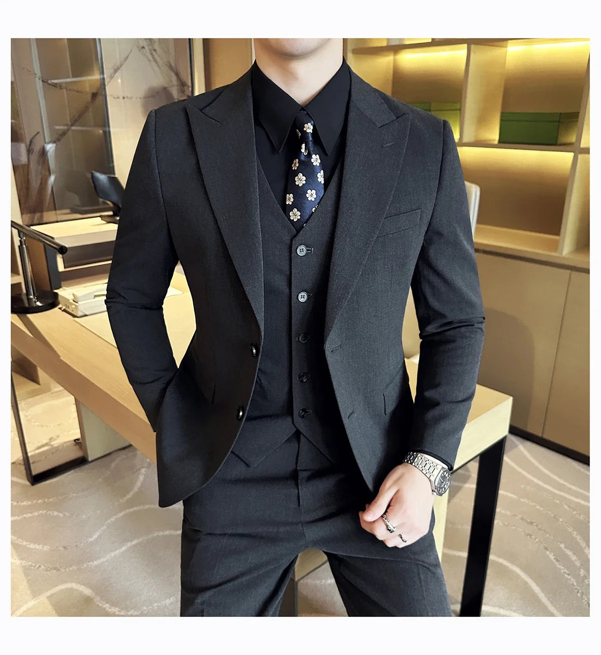 (Jacket + Vest + Pant) Men's Formal Slim Fit Business Work Wedding Stage Tuxedo Fashion Best Men Social Dress Suit 3 Pieces Set