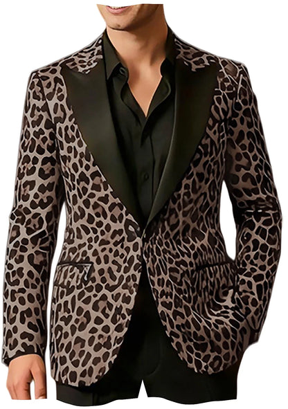 Men's Slim Fit Blazer Leopard Print Satin Lapel Single Button Jacket for Wedding Party